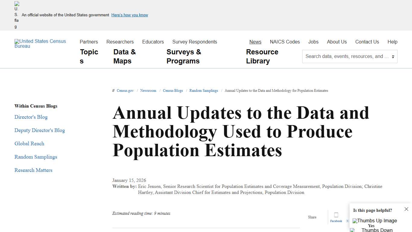 Annual Updates to the Data and Methodology for Population Estimates